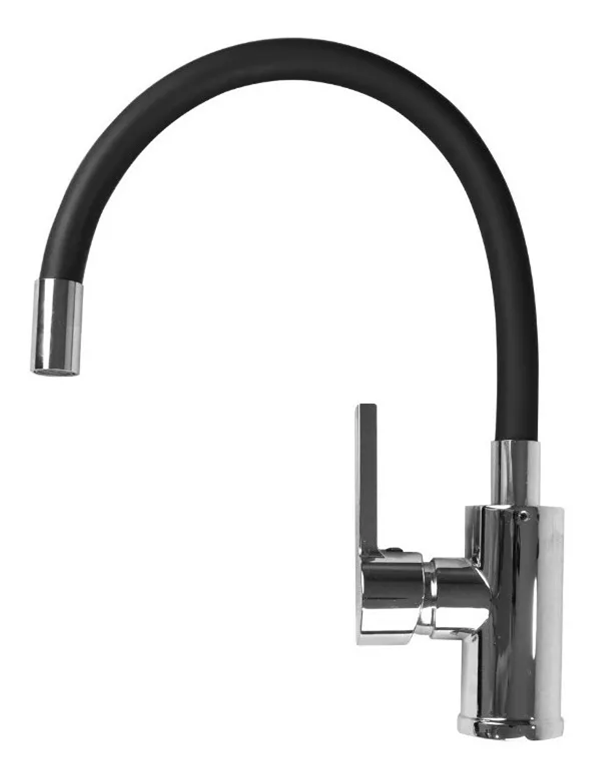 Grifo de fregadero de cocina cromado de tubo negro con cuello de goma  flexible mezclador de agua fría caliente montado en la cubierta giratoria  grifo